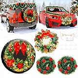 Suncalla 7 Pcs LED Christmas Car Spare Tire Decoration Set 1 Xmas Wreath Spare Tire Cover 1 Lighted Christmas Car Wreath 4 Tinsel Green Garland with Red Ornaments Fit Trucks SUVs Holiday Outdoor Decor