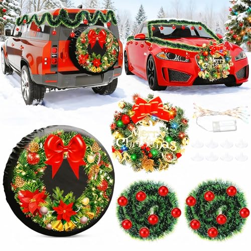 Suncalla 7 Pcs LED Christmas Car Spare Tire Decoration Set 1 Xmas Wreath Spare Tire Cover 1 Lighted Christmas Car Wreath 4 Tinsel Green Garland with Red Ornaments Fit Trucks SUVs Holiday Outdoor Decor