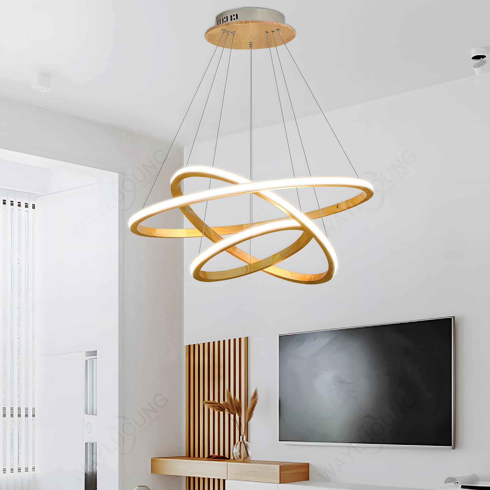 Holz LED Kronleuchter, Deckenleuchte, Dimmbare 3 Ring Holzleuchte, Verstellbare Kreis Pendelleuchte Kücheninsel Esszimmer Wohnzimmer Foyer Zum Aufhängen 【40+60+80cm】