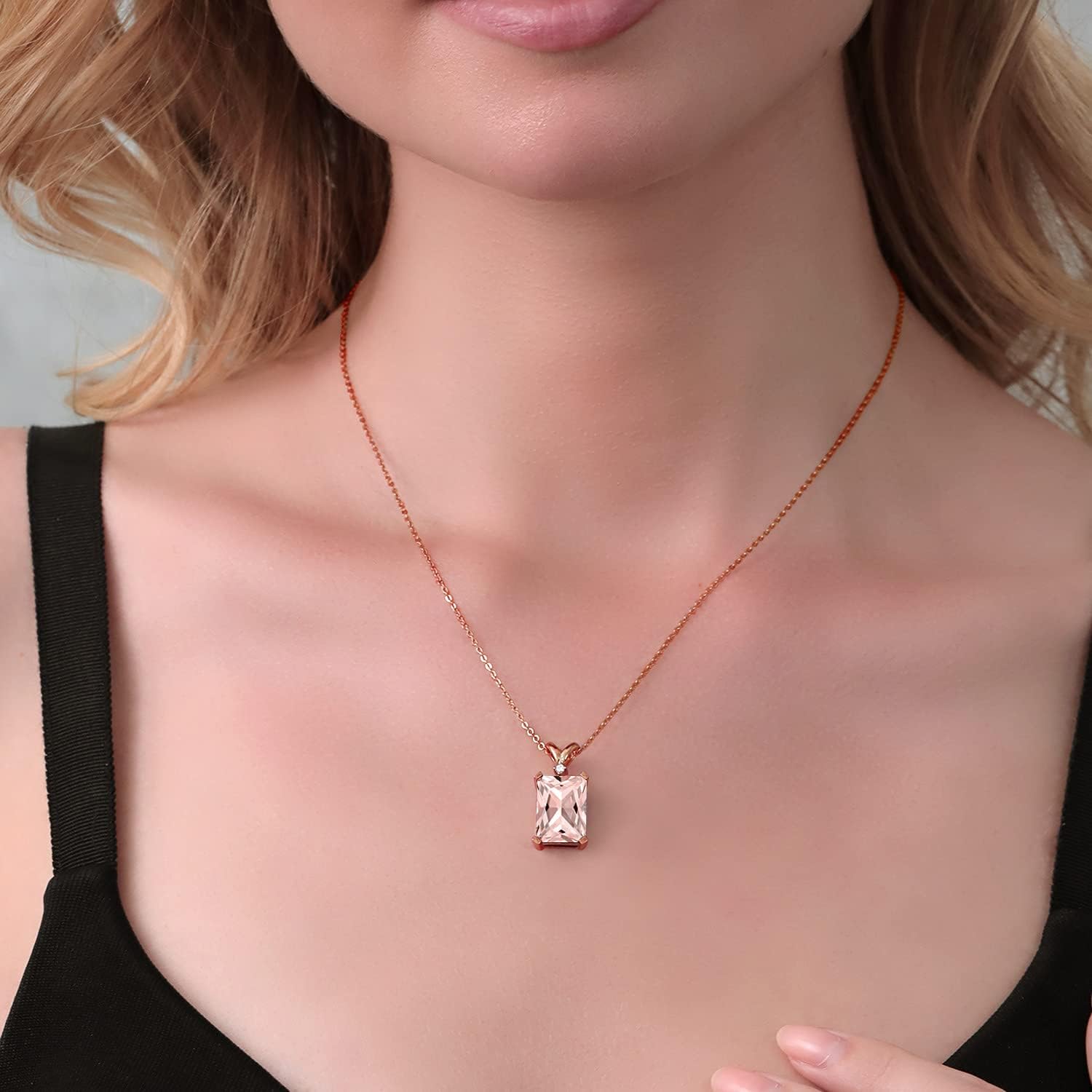 Gemstone Birthstone and White Diamond Pendant Necklace for Women | 18K Rose Gold Plated Silver | Emerald Cut 14X10MM with 1MM Round Accent | Includes 18 Inch Chain | Fine Jewelry for Her Mom Wife - Image 3