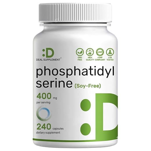 Phosphatidylserine Supplement, 400mg Serving, 240 Capsules – Soy Free Sunflower Lecithin Source