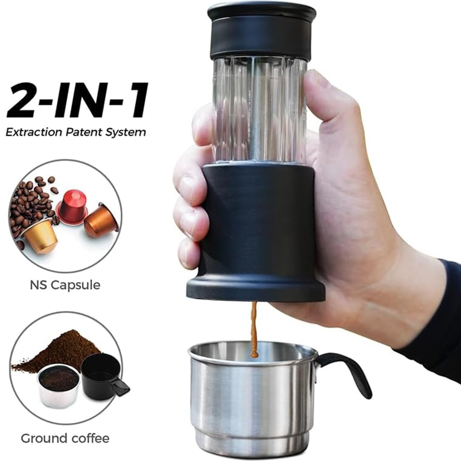 Máquina de café expreso portátil,Cafetera Portátil Cápsula de Espresso 3 en 1, Operación Manual, Mini Cafetera de 10-15 Bares, Máquina Café pequeña para Viajes, Camping