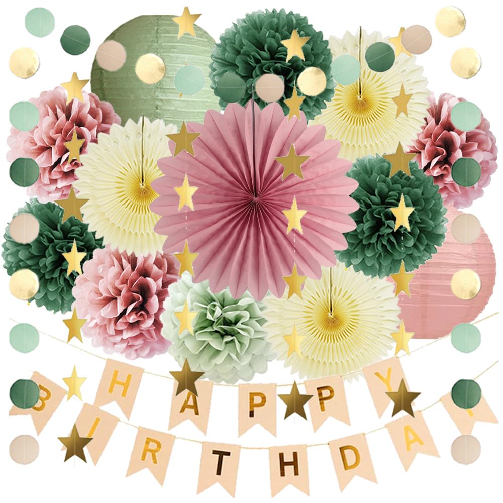Decoraciones de cumpleaños retro verde salvia y rosa polvorienta con abanicos pastel 8