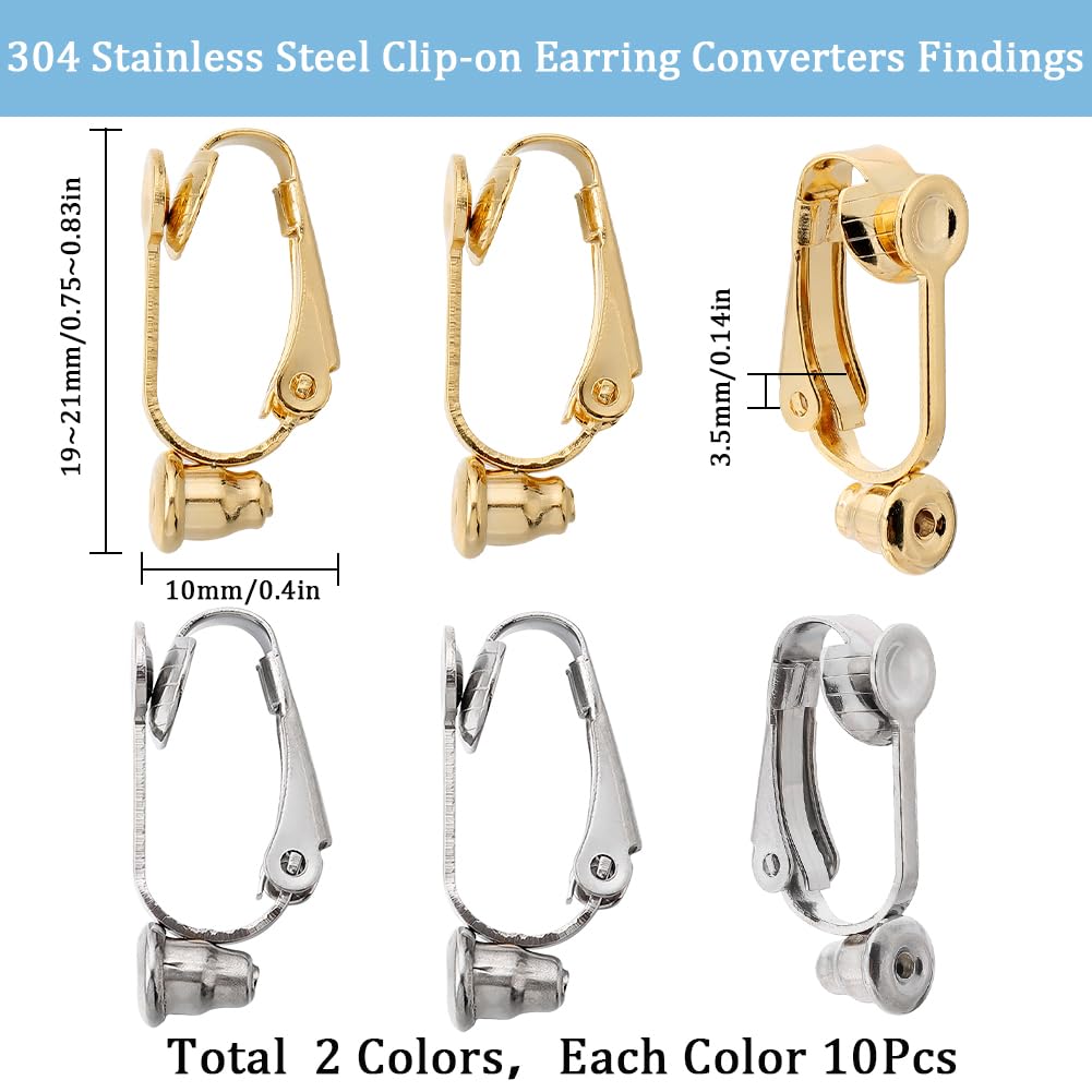 SUNNYCLUE 20Pcs Stainless Steel Earring Clips Gold Clip on Earring Converters Silver with 20Pcs Silicon Earring Pads Open Loop Earrings Converter for Non Pierced Ears Women jewellery Making DIY Crafts - Image 2