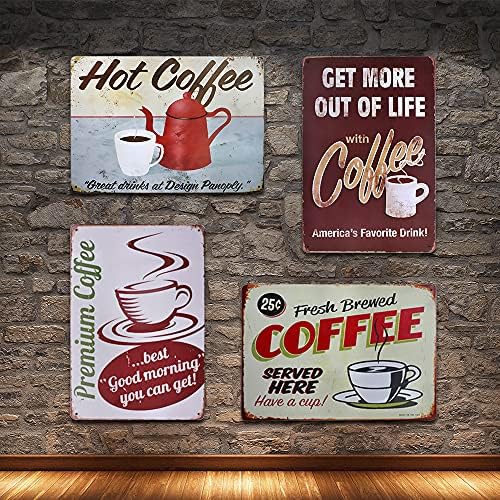 4 PCS Coffee Tin Sign Vintage Metal Tin Painting Signs Plaque Poster, TIE-DailyNec Retro Home Wall Decor for Kitchen Cafe Bedroom Bar, 20 X 30cm