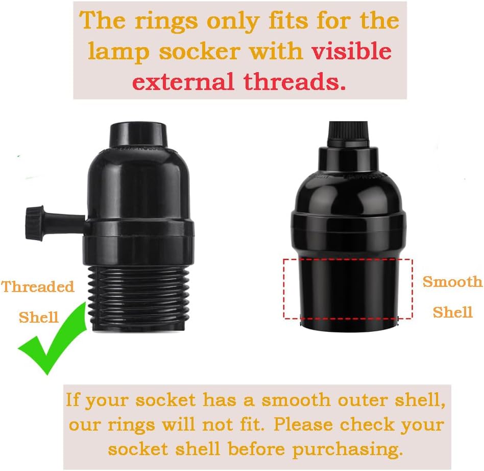 4PCS E26 Light Socket Shade Rings Collar Rings, 2 Assorted Size Lamp Shade Rings 34mm 39mm Inner Diameter, Black Threaded Reducer 1-3/8 Inches and 1-1/2 Inch
