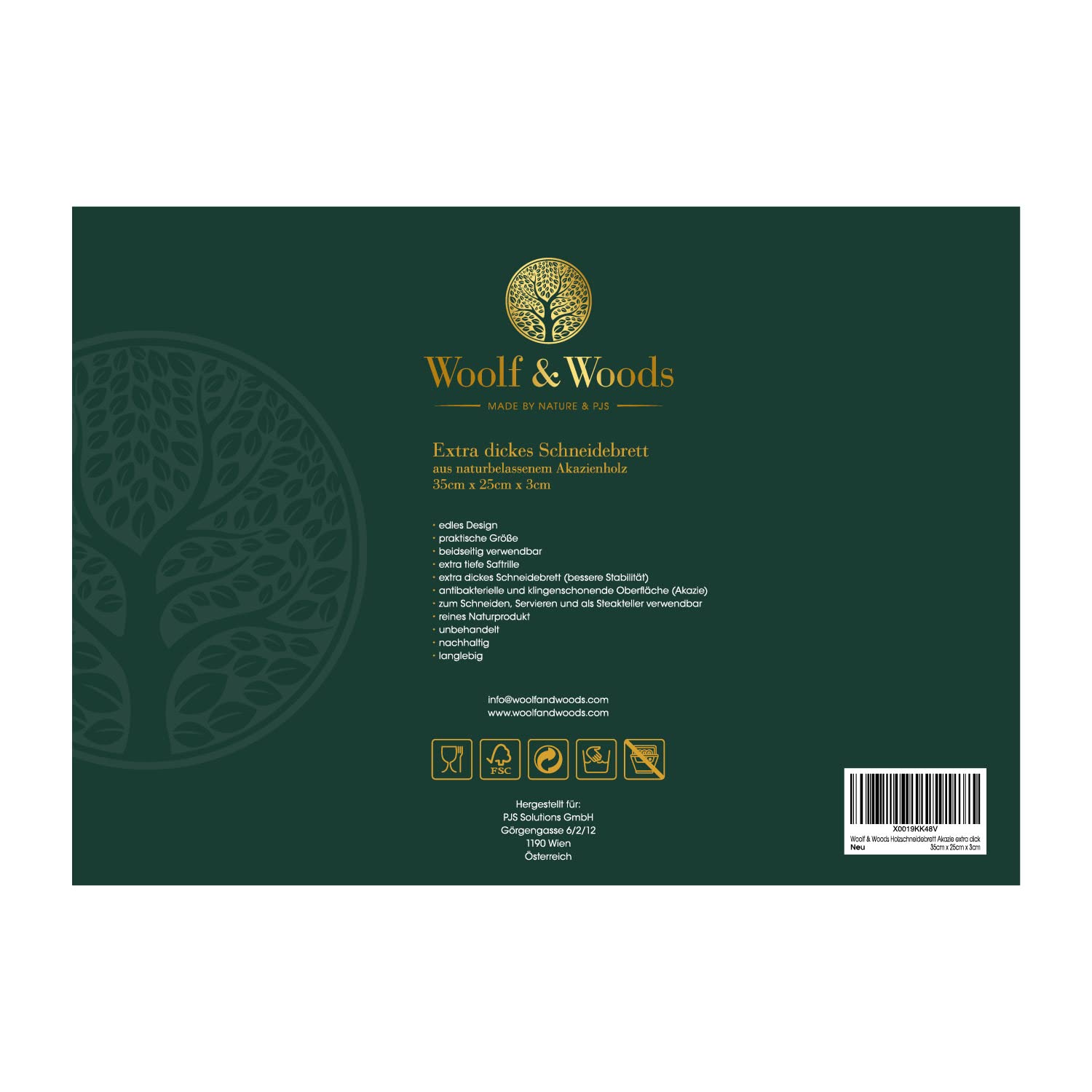 Woolf & Woods Tabla de cortar de madera, extragruesa, producto natural puro de acacia, sostenible, sin tratar, tabla de cocina y bandeja para servir, 35 cm x 25 cm x 3 cm