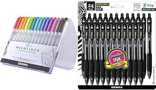 Zebra Pen Pen Mildliner, colores surtidos, 15 unidades y Z-Grip retráctil, negro, 24 unidades, paquete