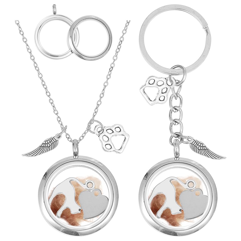 DELORIGIN 2PCS Pet Ashes Necklace Cat Hair Keepsake Fur Locket Keychain Set Cats Remembrance Jewelry with Paw Heart Wing Pets Memorial Urn Necklace for Cats Women Men Loss Pet Sympathy Gift