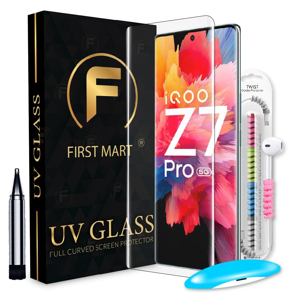 FIRST MART Tempered Glass for iQOO Z7 Pro 5G with Edge to Edge Full Screen Coverage and Easy UV Glue Installation Kit and Cable Protector, Pack of 1 (B0CPBKTGBY) Amazon Price History, Amazon Price Tracker