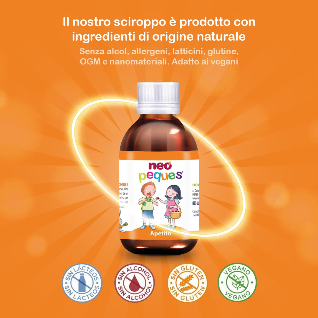 NEO PEQUES | Sciroppo per Bambini Appetito | 150 ml | Stimola l’appetito e Riduce la Sensazione di Stanchezza | A base di Estratti Vegetali e Oligoelementi | Gusto Lampone