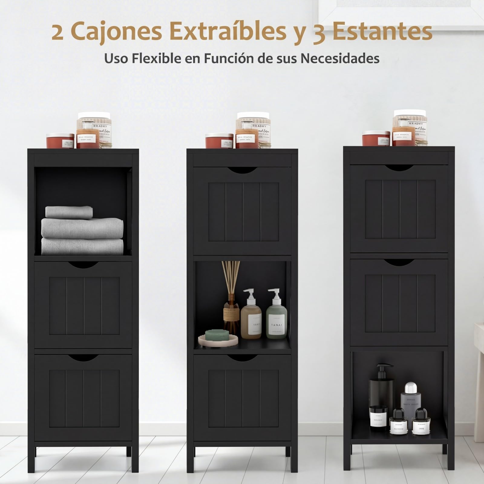 Lifezeal - Mueble de baño con 2 cajones extraíbles, armario de madera con estante abierto, 30 x 30 x 89,5 cm, color negro