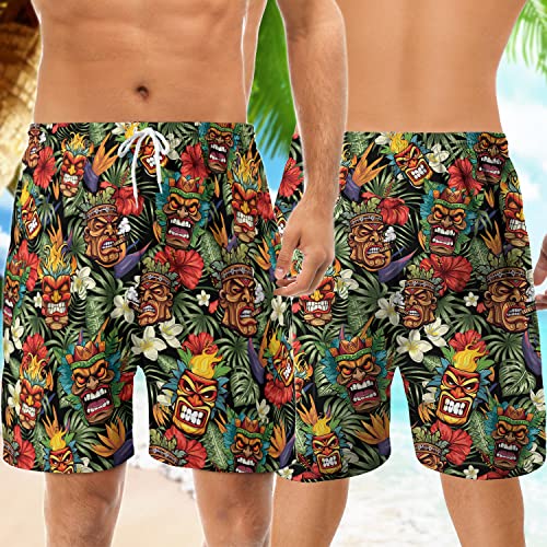 Tropical Summer Men's Quick Dry - Tiki Mask Hawaiian Shorts for Men - Beach Tiki Shorts Swim Trunks Set 7 (TND-LN-7)3