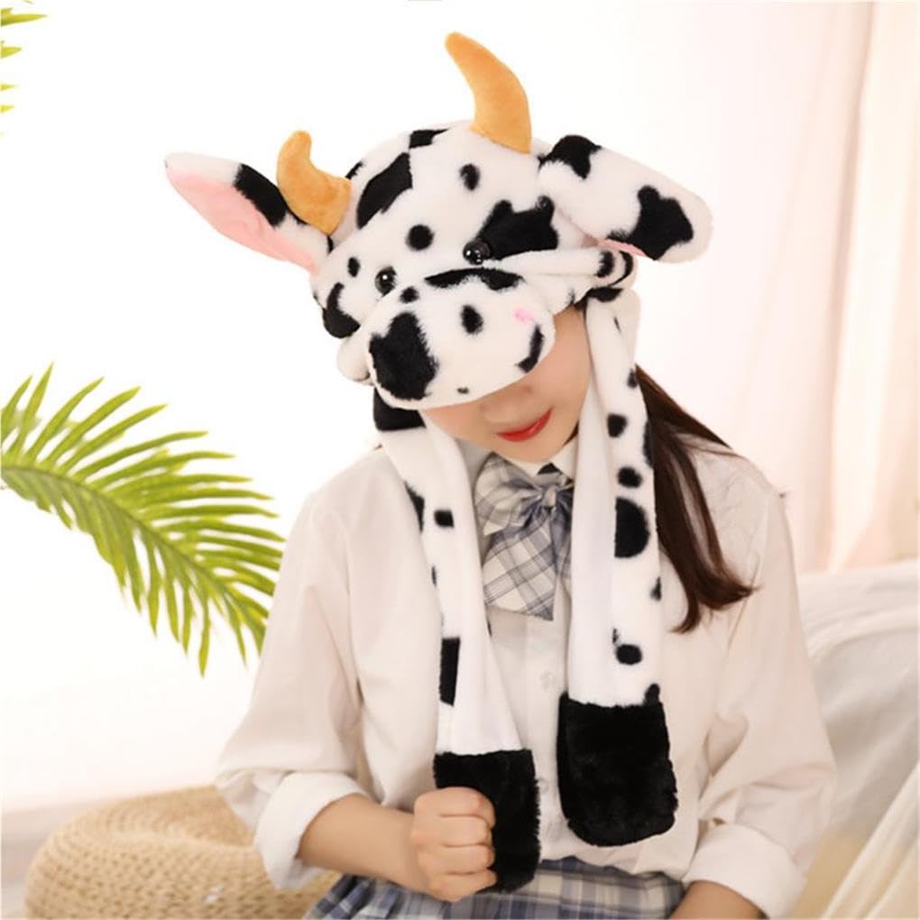 Bonito sombrero de animales con orejas móviles, vaca lechera, correa de felpa Kawaii, juguetes divertidos, accesorios para fotos, niñas, esquí, ganado marrón
