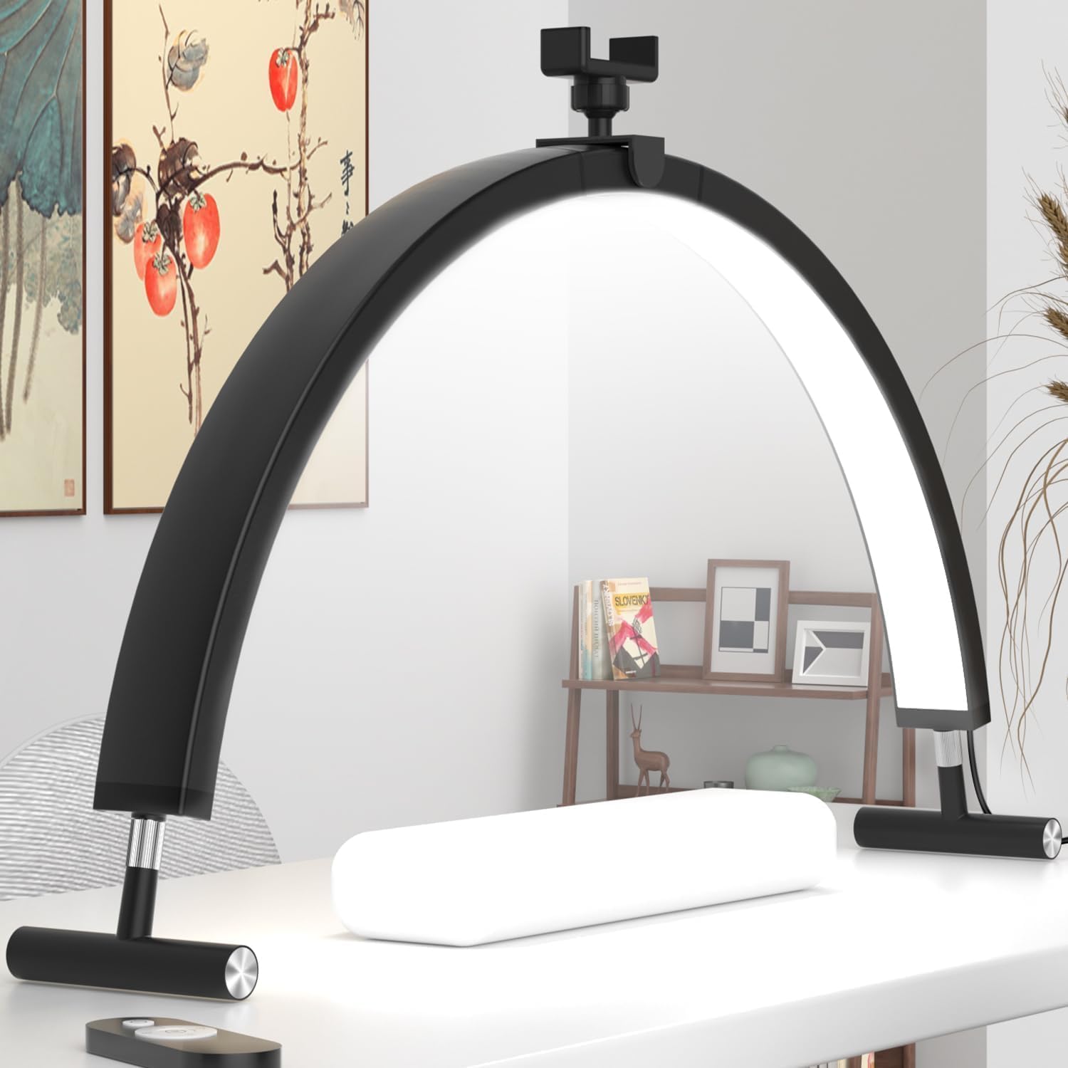 WLXFF 45w Foldable Half Moon Lamp, 29in Moon Light Lamp Lash Tech, Dimmable Half Moon Light with Phone Holder, Nail Lamp Desk with Remote Control, Stepless Dimming Nail Lamp Desk (Black, 29IN)