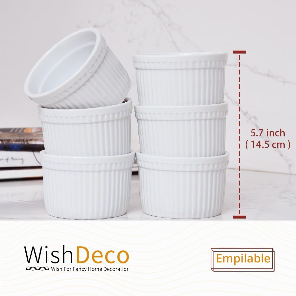 WishDeco Lot de 6 Ramequins, 200 ml Ramequin Creme Brulee, Moules à Soufflé en Porcelaine, Plat à Four Blanc pour Muffin, Gâteau, Dessert, Sauce