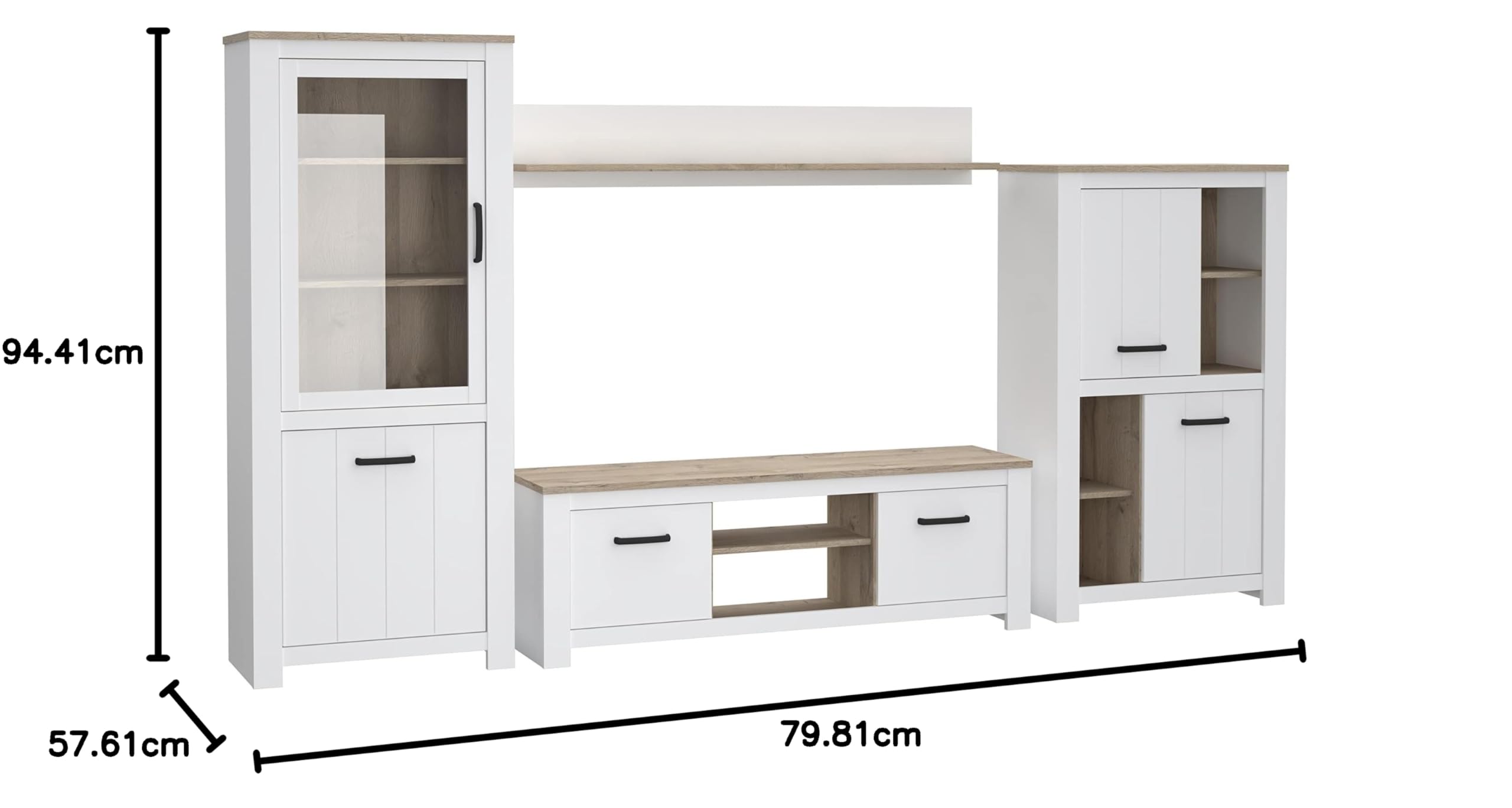 FORTE Elara Wohnwand mit 5 Türen und 1 Glastür, Holzwerkstoff, Weiß matt / Bianco Eiche, 344 x 185 x 42 cm.