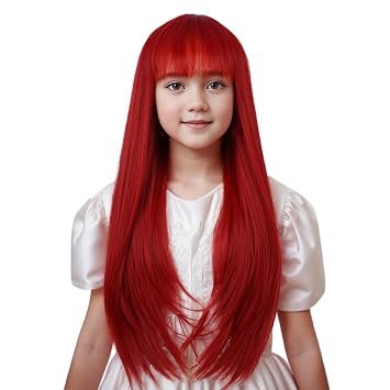 Kids Bright Red Wig Long Red Wig with Air Bangs for Girls Long Light Red Straight Wig for Child Heat Resistant Synthetic Wig with Wig Cap