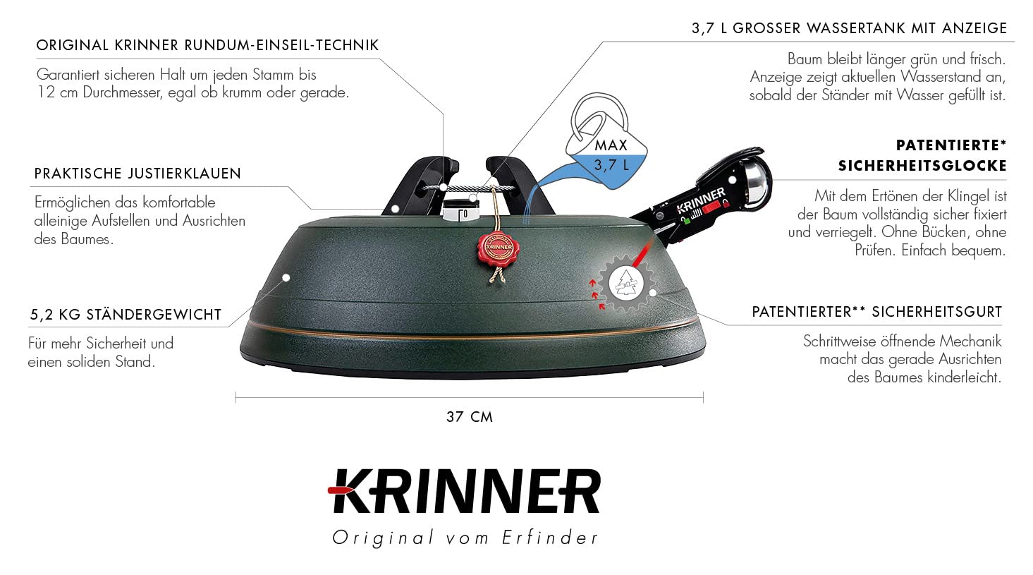 KRINNER® Ultra Grip L Christbaumständer Weihnachtsbaumständer inkl. Einseiltechnik Fußpedal mit Sicherungsglocke und 3,7 Liter Wassertank für Baumhöhe bis 2,7m MADE IN GERMANY 94235