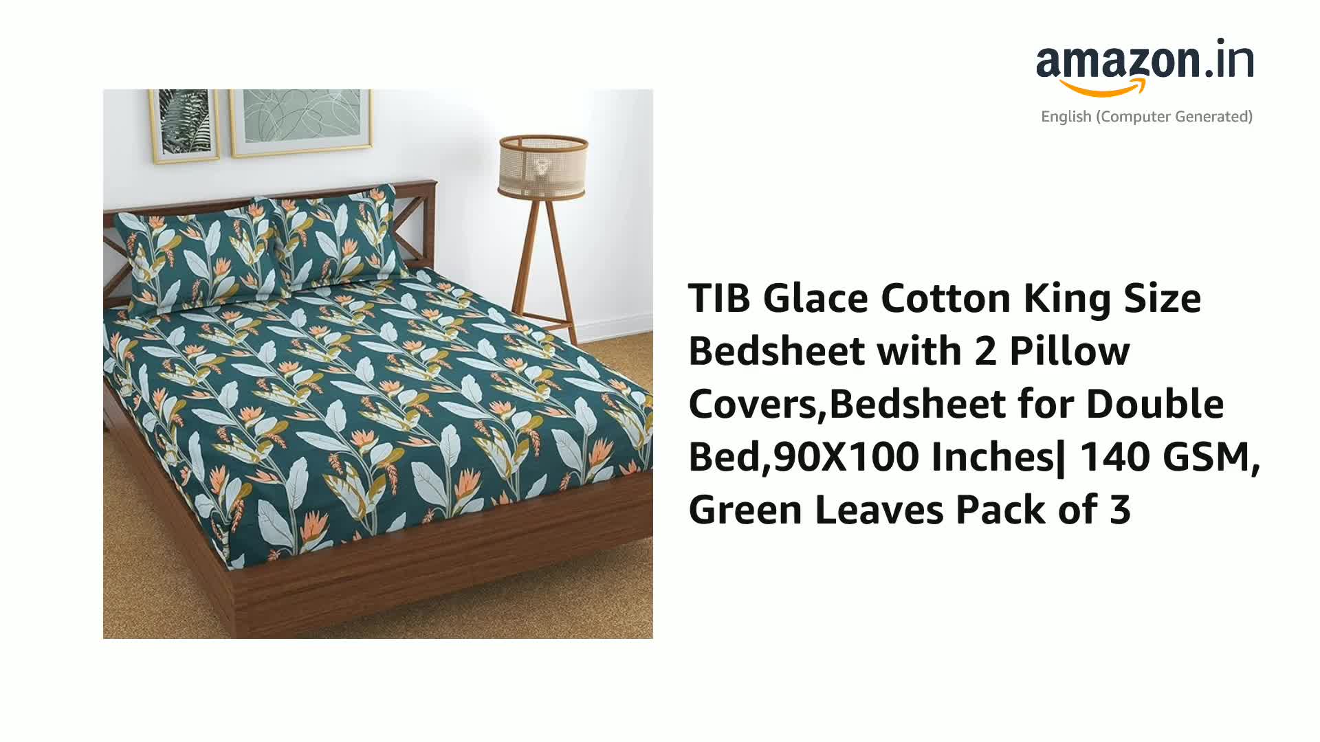 TIB Glace Cotton King Size Flat Bedsheet Set - 90 X 100 Inches With 2 Pillow Covers, Leaves Cream - View #2