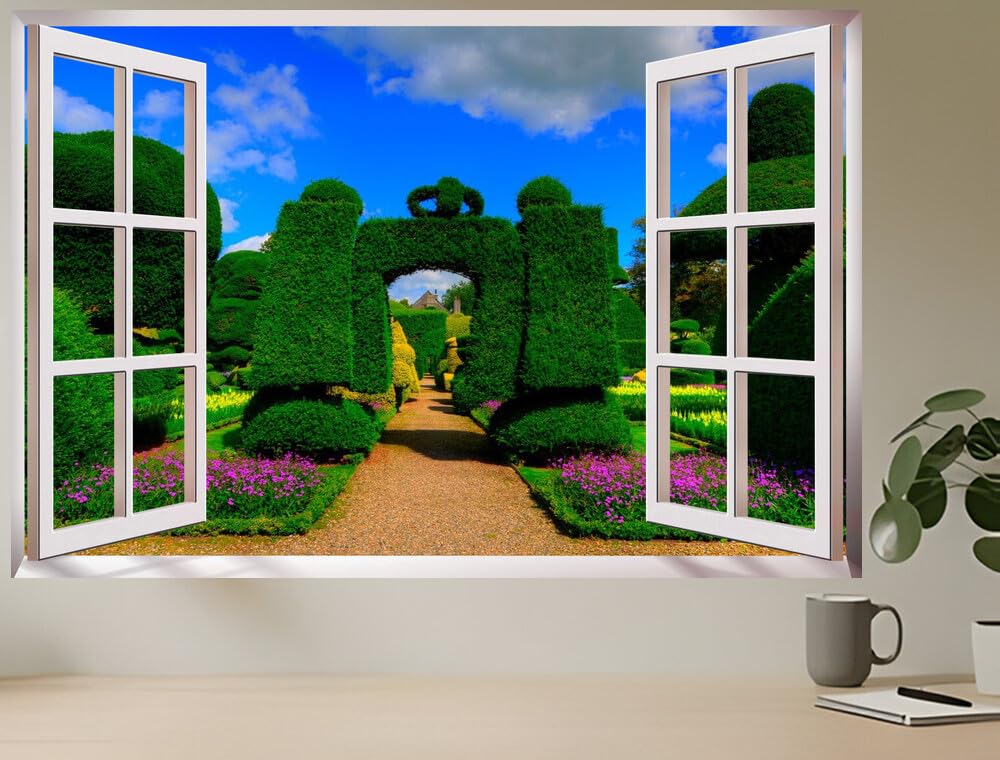 JZZC19907 England Gardens Levens Hall Topiary Garden Kendal| Self-Adhesive Open Window Wall Sticker