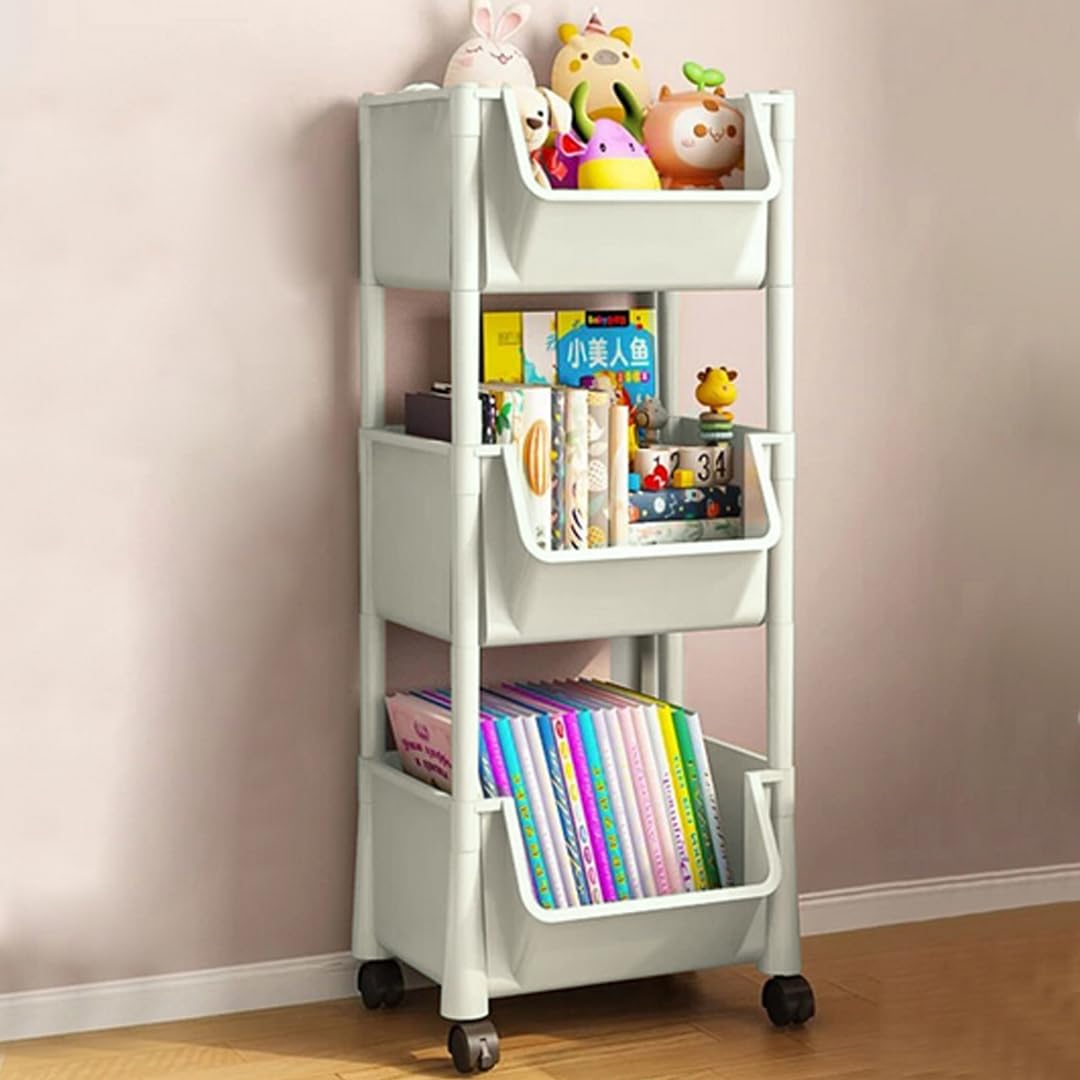 Shally Dogan Multipurpose Trolley Magazine Rack and Space Saving Storage Box with 360° Swivel Wheels, Slim Shelf Trolley with 3 Tiers, Ideal for Books, Magazines, Toys (Grey)