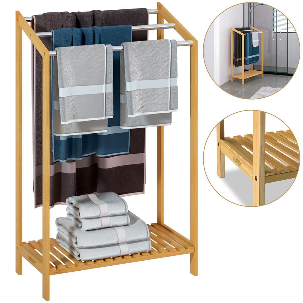 Porte-Serviettes en Bambou sur Pied avec 3 Barres en Acier Inoxydable Étagère de Rangement Salle de Bain