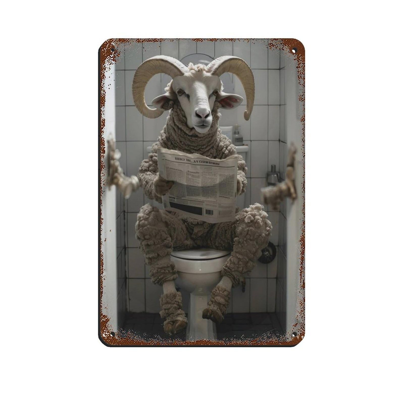 Plaque en métal vintage Ram Sitting on The Toilet rigide et facile à fixer 20x30cm