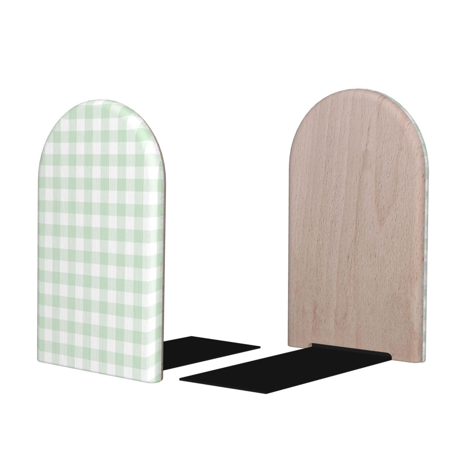 Light Green White Checkered Print BookEnds 1 Pair, Decorative Bookends for Heavy Books, Wood Book Ends for Shelves, Book Organizer for Home Desk Office Supplies