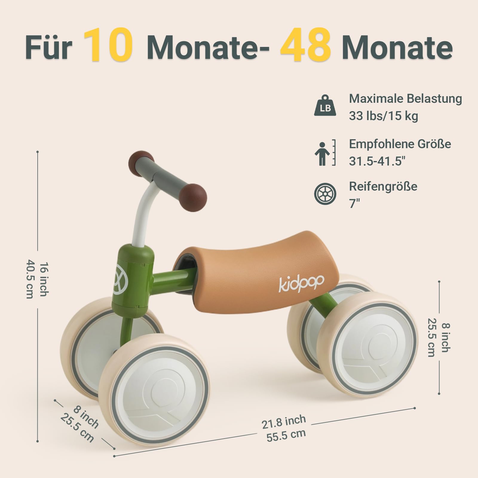 kidpop Big Bee Baby Balance Bike (Unisex), Vierrad-Laufrad, Kleinkind-Rutschfahrzeug für Kinder von 1 bis 2 Jahren, Geschenk zum ersten Geburtstag, das erste Fahrrad für die Kleinen