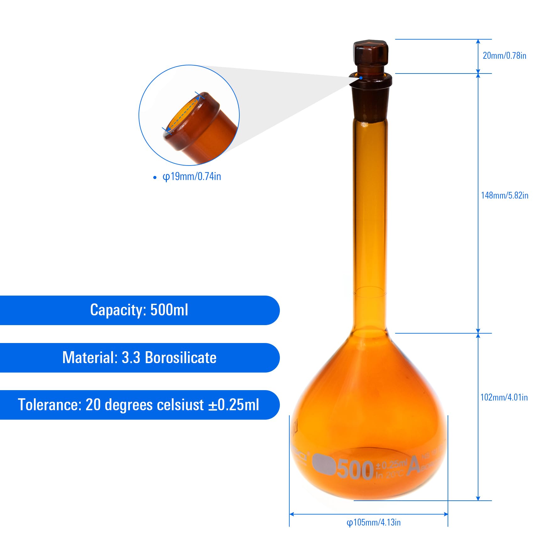 ALWSCI Set di flaconi dosatori volumetrici NS19/26 da 500 ml, ambra, graduati, in vetro borosilicato ASTM classe A 3.3 per laboratorio, 2 pezzi