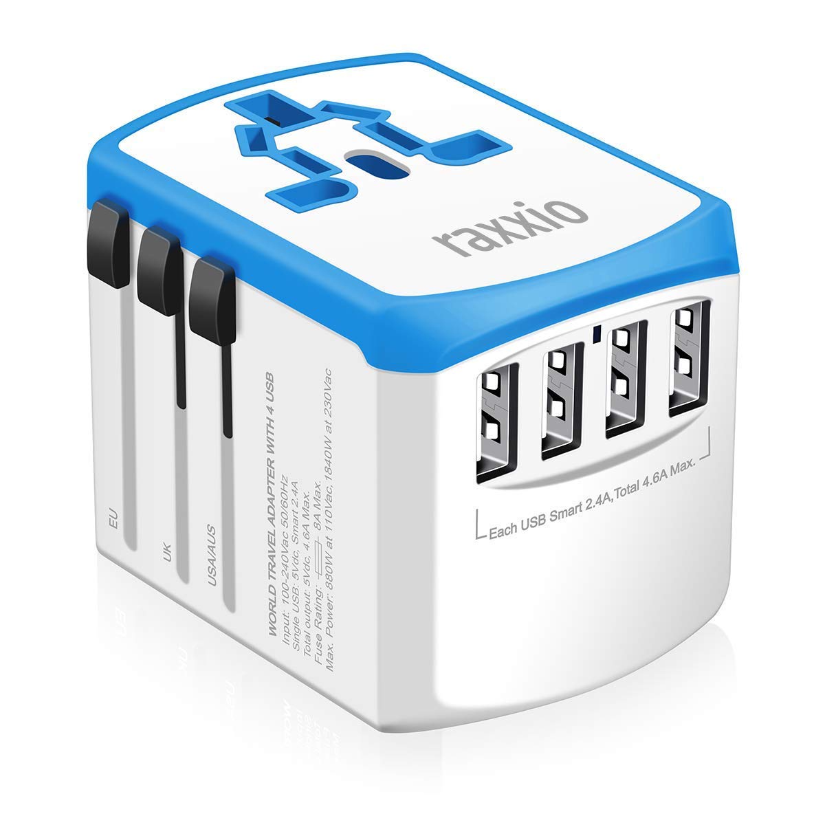 Universal Travel Adapter by Raxxio, International Smart Power Plug with 2.4A 4 USB Ports, European Adapter, Converter for US, EU, Canada, Europe, UK, AU & Asia (Blue & White)