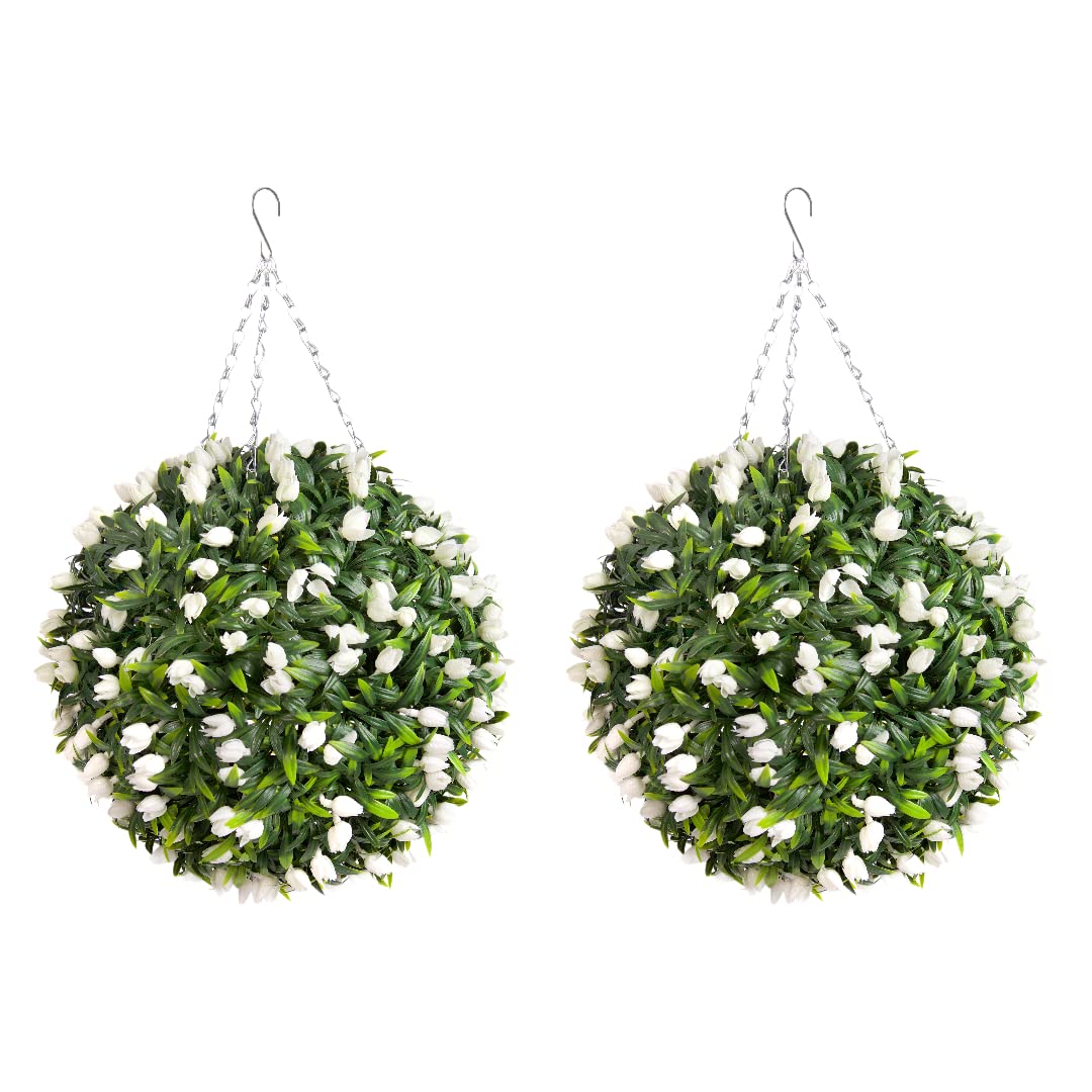 Best Artificial White Pair Of Tulip Flower Balls Lush Long Leaf Topiary Grass (38Cm, )