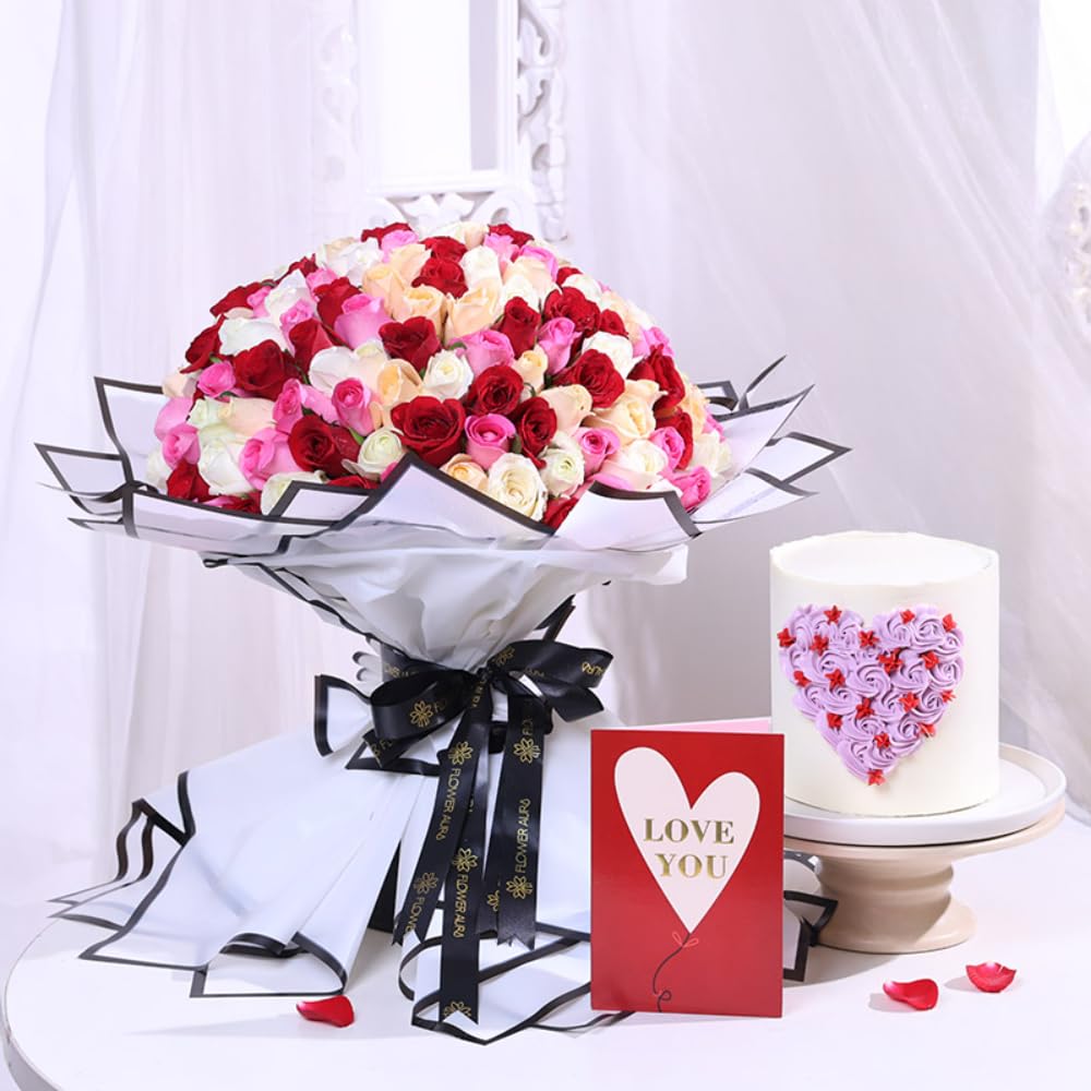 FlowerAura Love Combo of Fresh 1Kg Love Chocolate Cake & 200 Mix Roses Flower Bouquet For Birthday | Anniversary | Valentines Day Gift For Girlfriend, Boyfriend, Husband & Wife (Same Day Delivery)-image-32