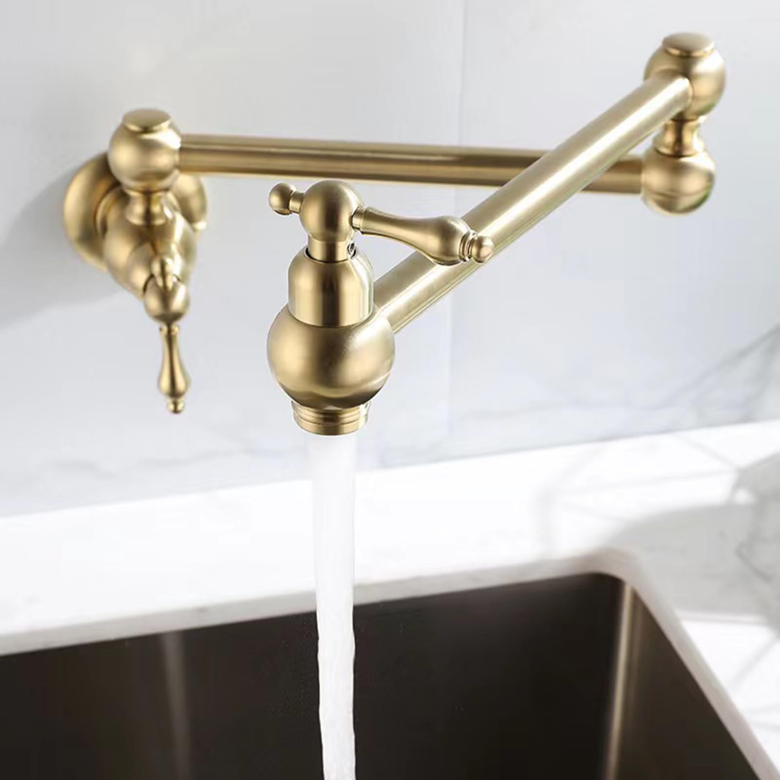 Faucet Pieghevole da Cucina a Muro a Muro a Doppia Maniglia Rubinetto Ottone Freddo, Nero