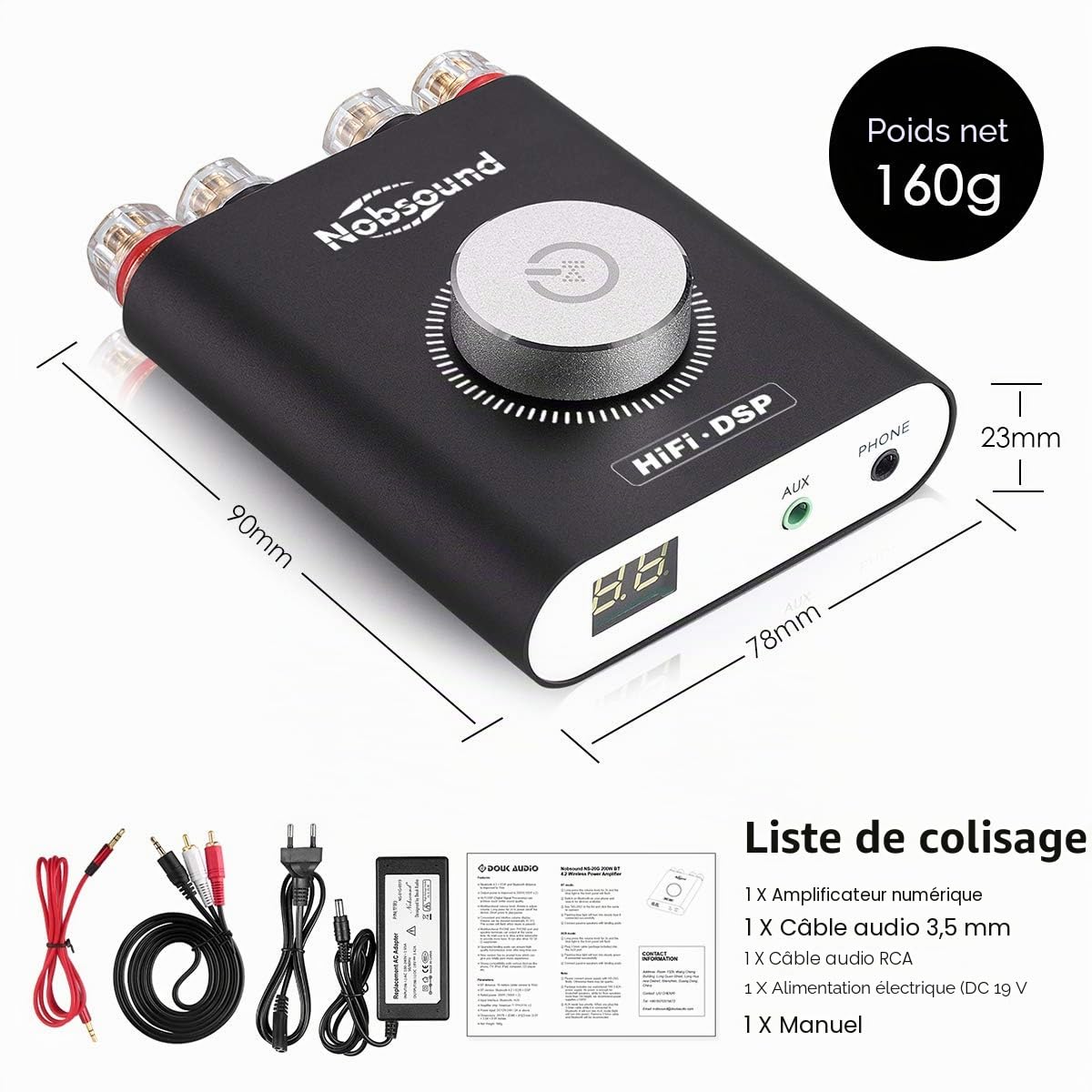 Nobsound NS-20G Amplificateur Audio 200W Mini Amplificateur de Puissance Numérique Bluetooth 5.0 pour Stéréo HiFi