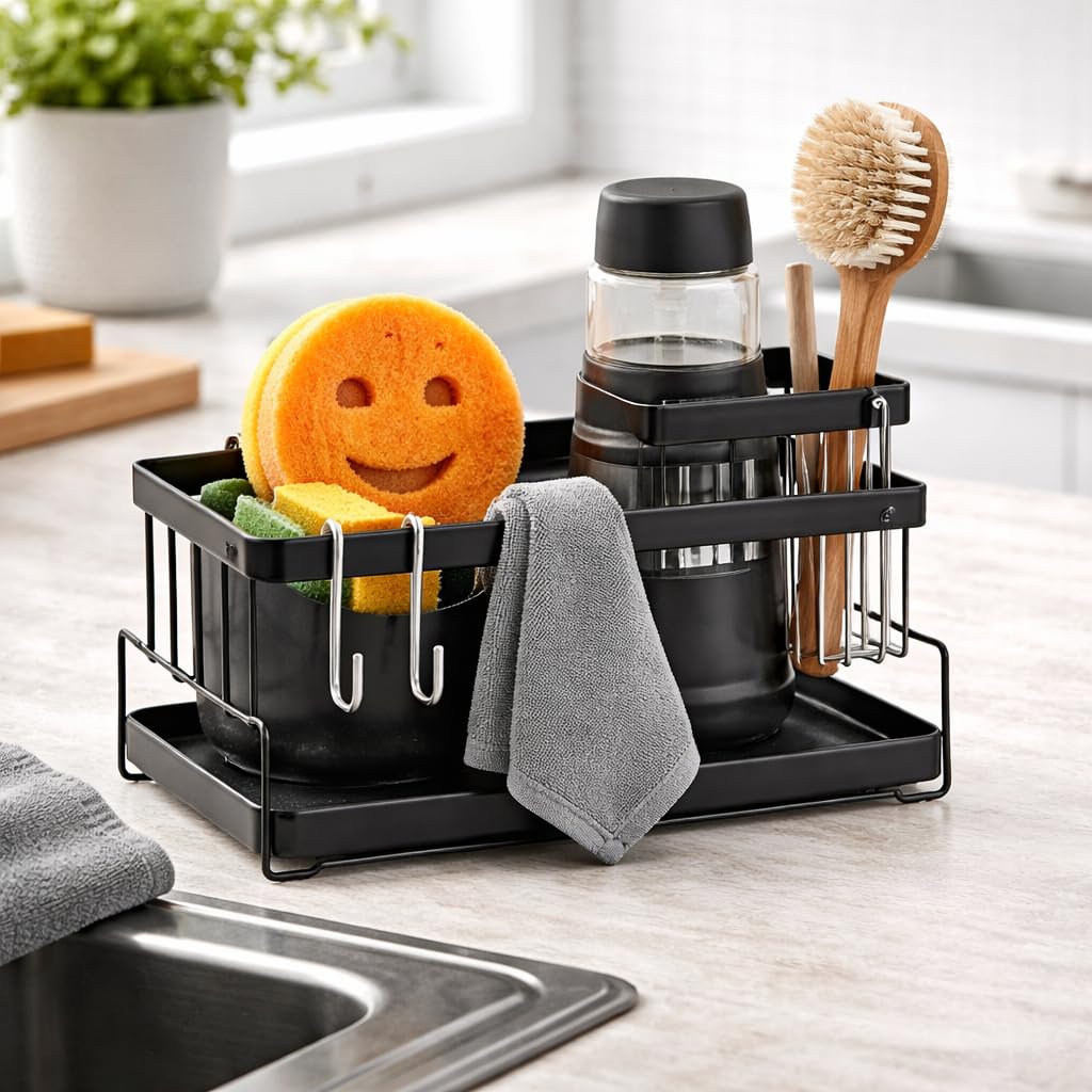 Nuevella Kitchen Sink Caddy Organizer Kit with Soap Dispenser Sponge Towel Hooks Stainless Steel Sink Organizer Set Complete