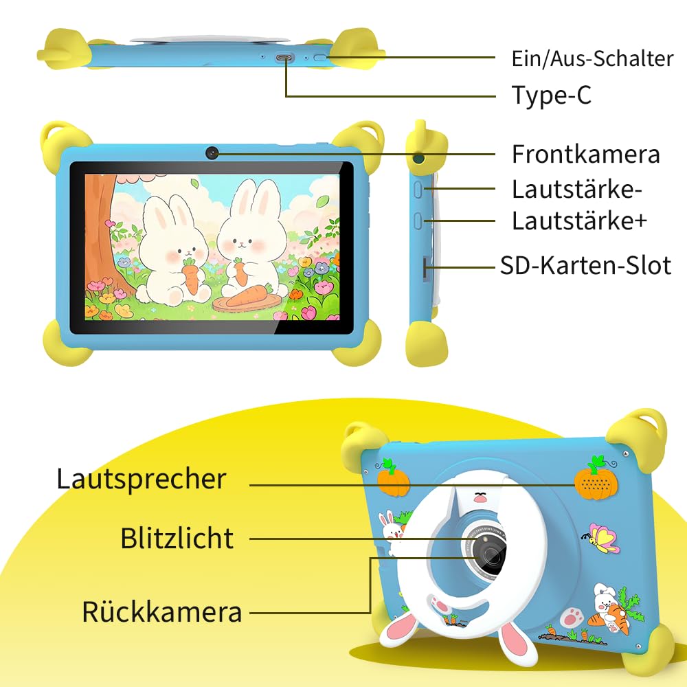 Veidoo 7-Zoll Android Kinder-Tablet, 2+32 GB, Dual-Kameras, stoßfeste Hülle, integriertes Hasen-Ständer-Design, Abnehmbarer Schultergurt, Quad-Core Prozessor, iwawaAPP, Elternkontrolle