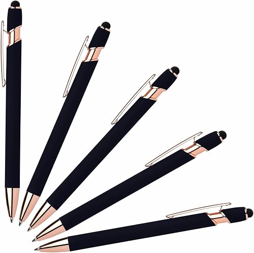 Lenden Paquete de 5 bolígrafos de tinta de gel 2 en 1 de goma Comfort Soft Touch, punta capacitiva, punta media de metal premium, tinta negra,