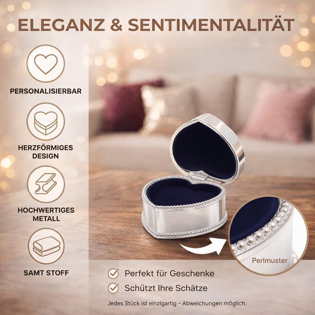 Designerskie pudełko na biżuterię, serce ze spersonalizowanym grawerunkiem, wykonane z posrebrzanego metalowego pudełka na biżuterię z perłowym wzorem, pudełko na pierścionek z grawerunkiem do 15 znaków