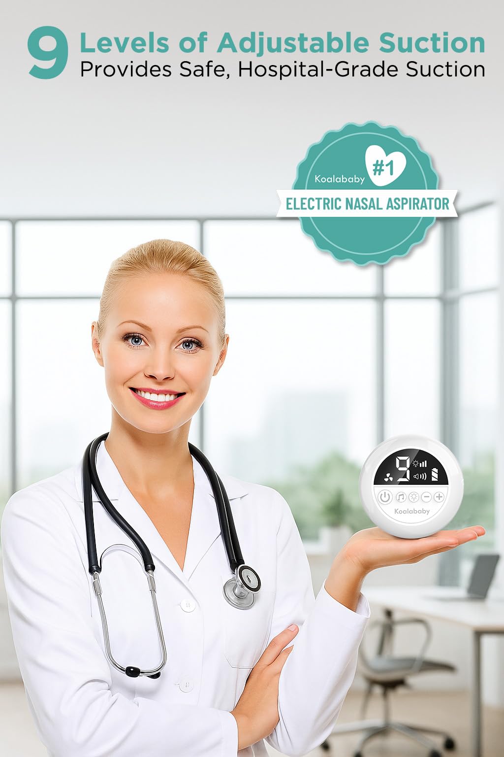 Koalababy Aspirador nasal eléctrico para bebé, succión nasal de grado hospitalario, 9 niveles de succión, ventosa de nariz de bebé, limpiador nasal, luz nocturna y música, puntas de silicona suave
