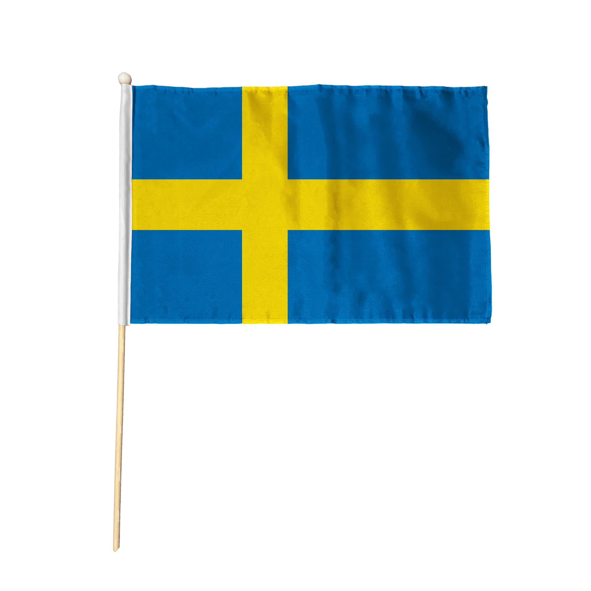 Flagtex Sweden Pack of 2 Hand Waving Flag (18x12 Inch Large) - Premium Wooden Stick Hand Flag Big Size Natural Wood Pole European Blue Yellow Nordic Cross Flag Events Parades