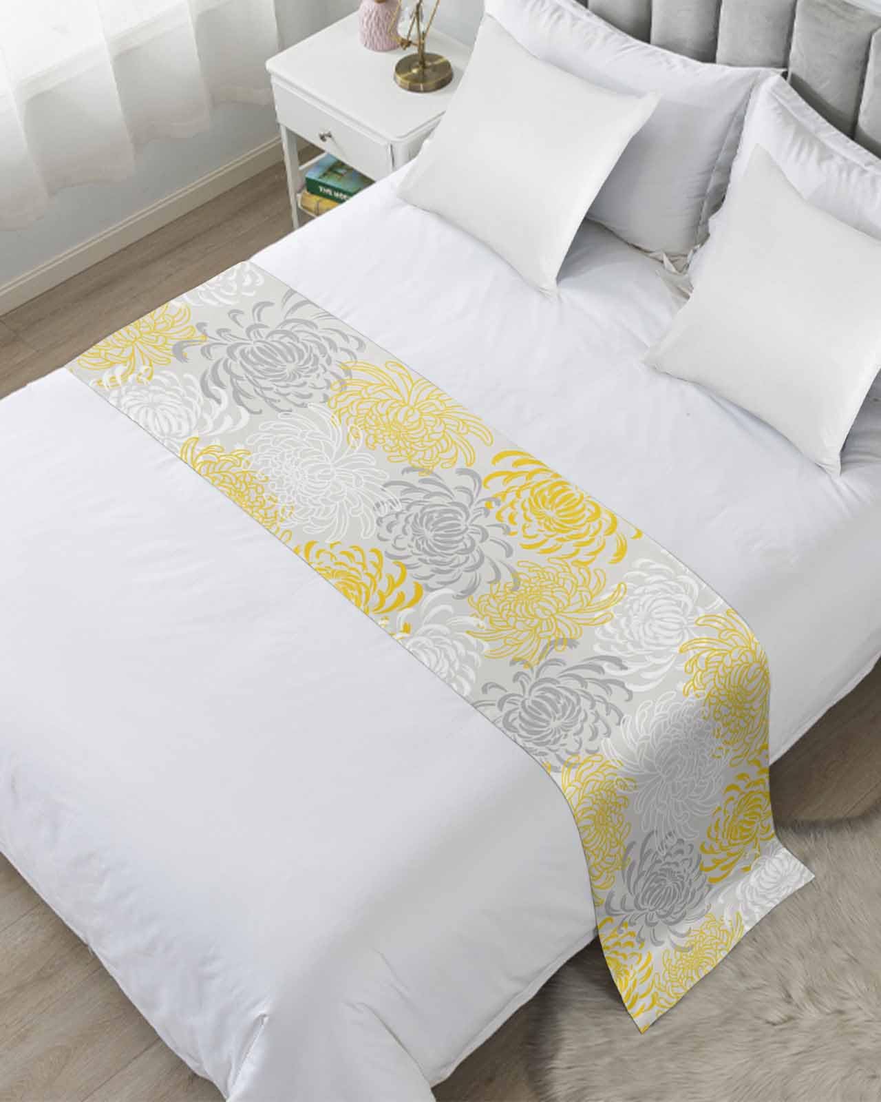 Yellow White Bed Runner Scarf King Size Abstract Grey Chrysanthemum Flower Floral Luxury Bed Throw Runners Scarves for