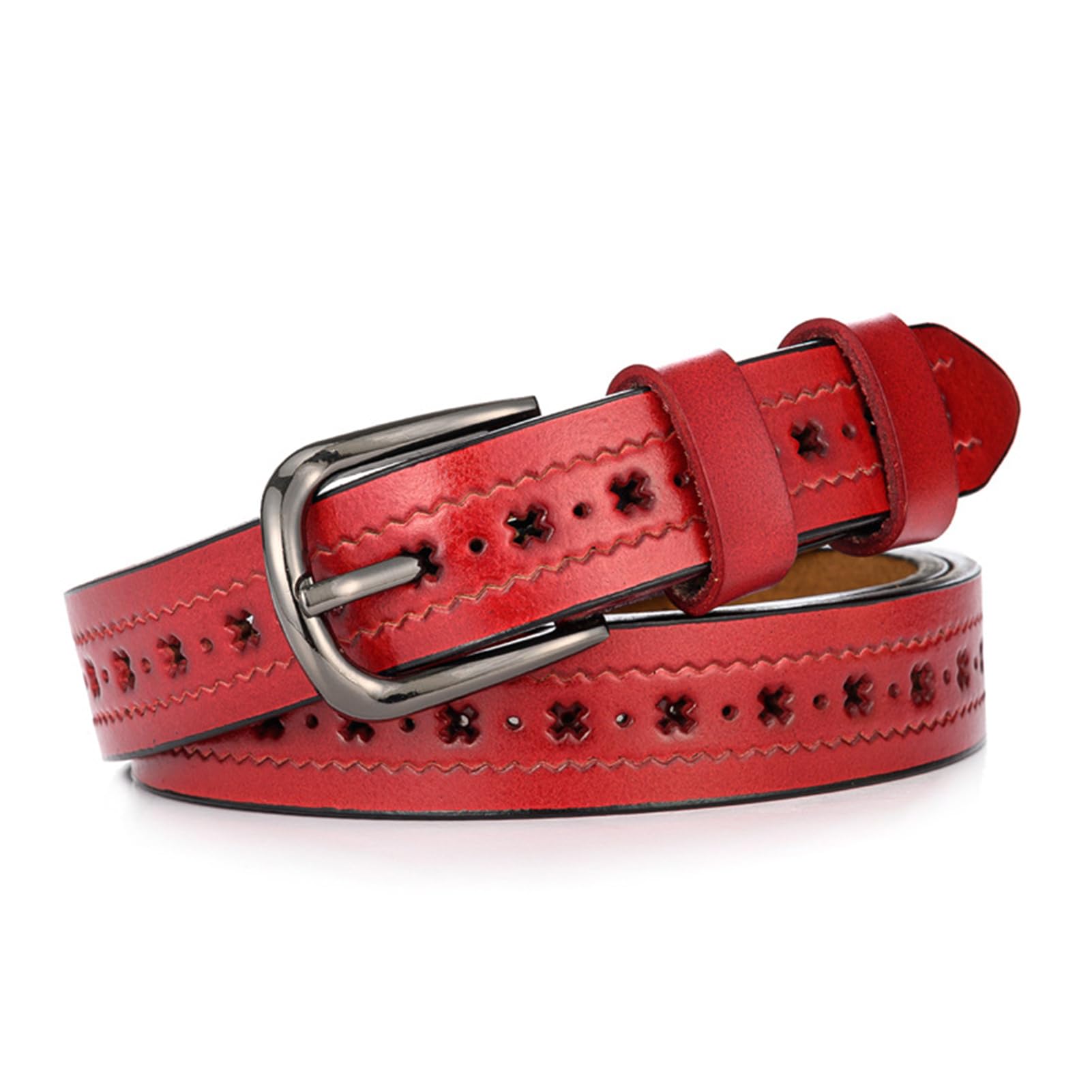 NALANY Women's Hollow Flower Leather Belt for Jeans Dresses Pants Vintage Western Waist Belt with Solid Pin Buckle for Ladies(110cm/43, Red)