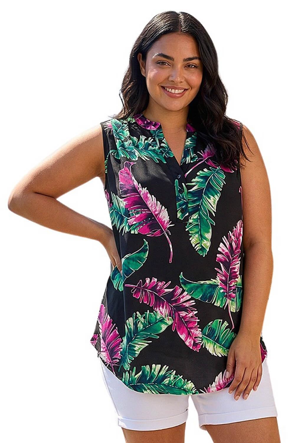 Roman Women's Black Curve Leaf Puff Print Stretch Shirt In Size 20