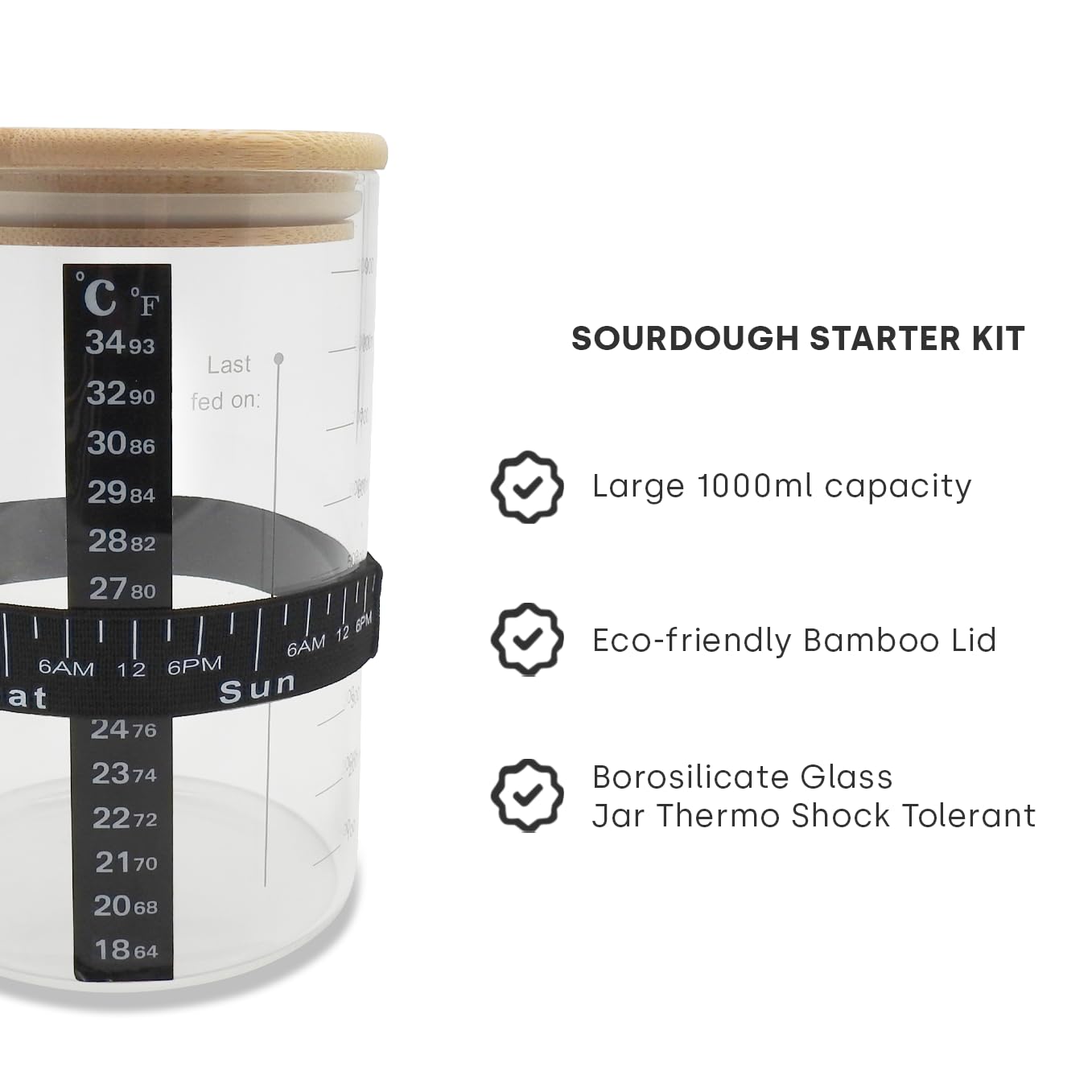 SoLuna. Kit per principianti di pasta madre da 1 litro/1000 ml [vetro di alta qualità] – Grande barattolo per pasta madre in borosilicato, fascia per l'alimentazione della data, termometro/spatola