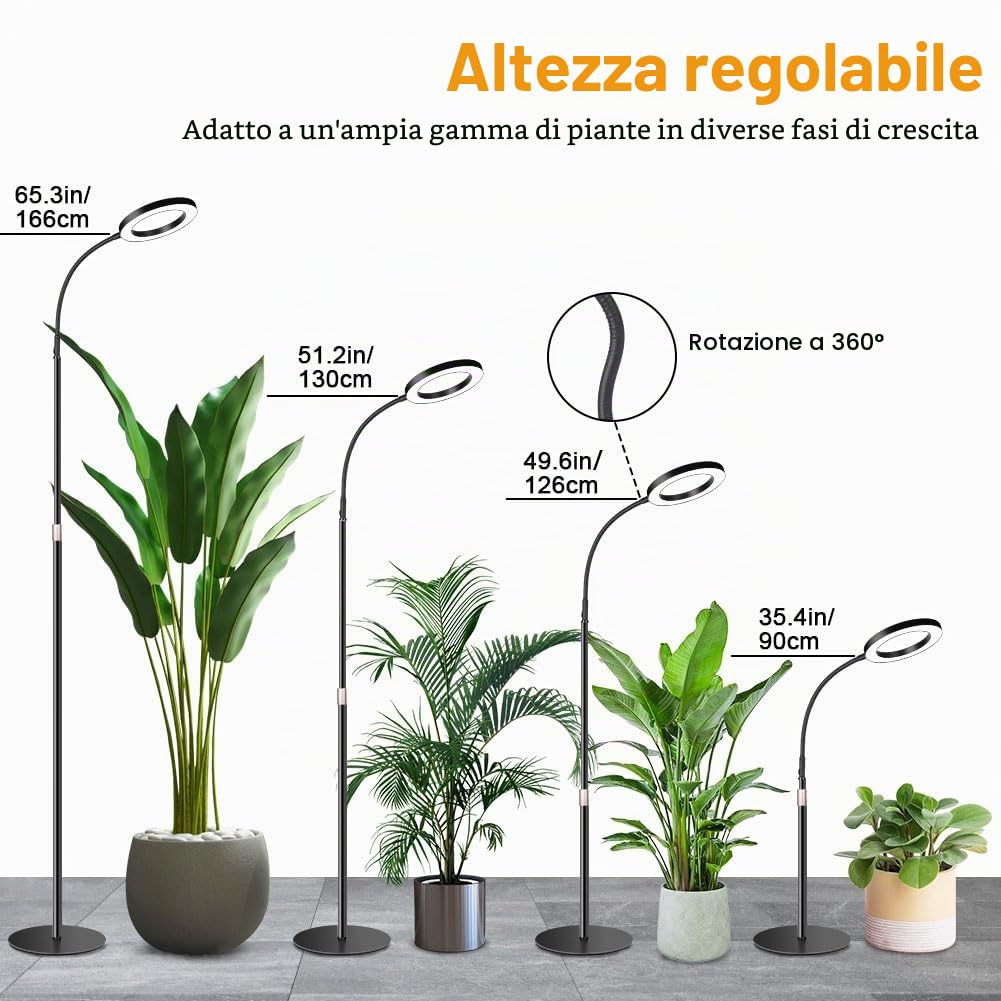 Ainiv Luci per Piante da Interno, Lampada di Crescita a Spettro Completo, 80 LEDs Lampada, con Timer auto 6/12/16H, 3 Modalità, 10 Luminosità, 90cm~160cm Altezza Regolabile per Piante Alte e Grandi