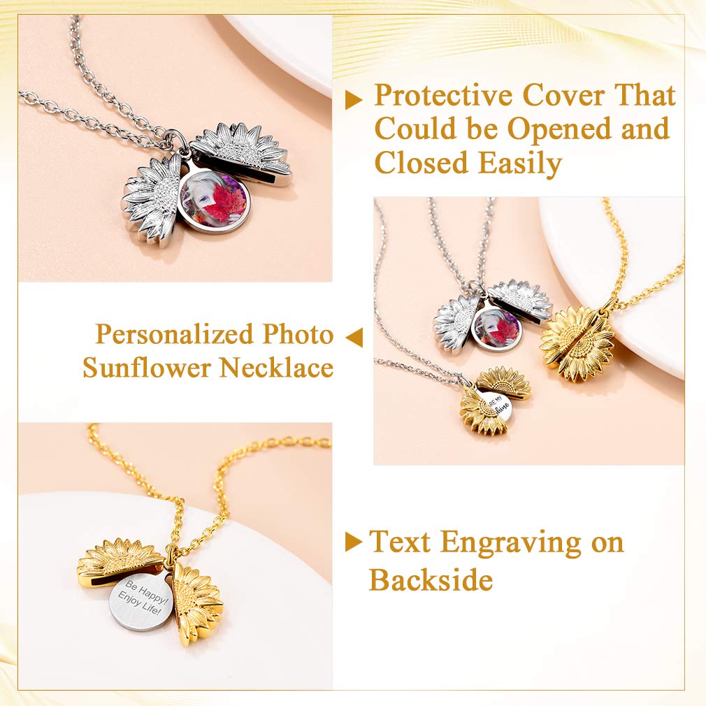 Custom4U Médaillon Porte Photo Femme Plaqué Or Jaune Collier Tournesol Personnalisable Pendentif Prénom Personnalisé Bijoux Fantaisie Cadeau Gravure Maman Femmes Enfant Fille
