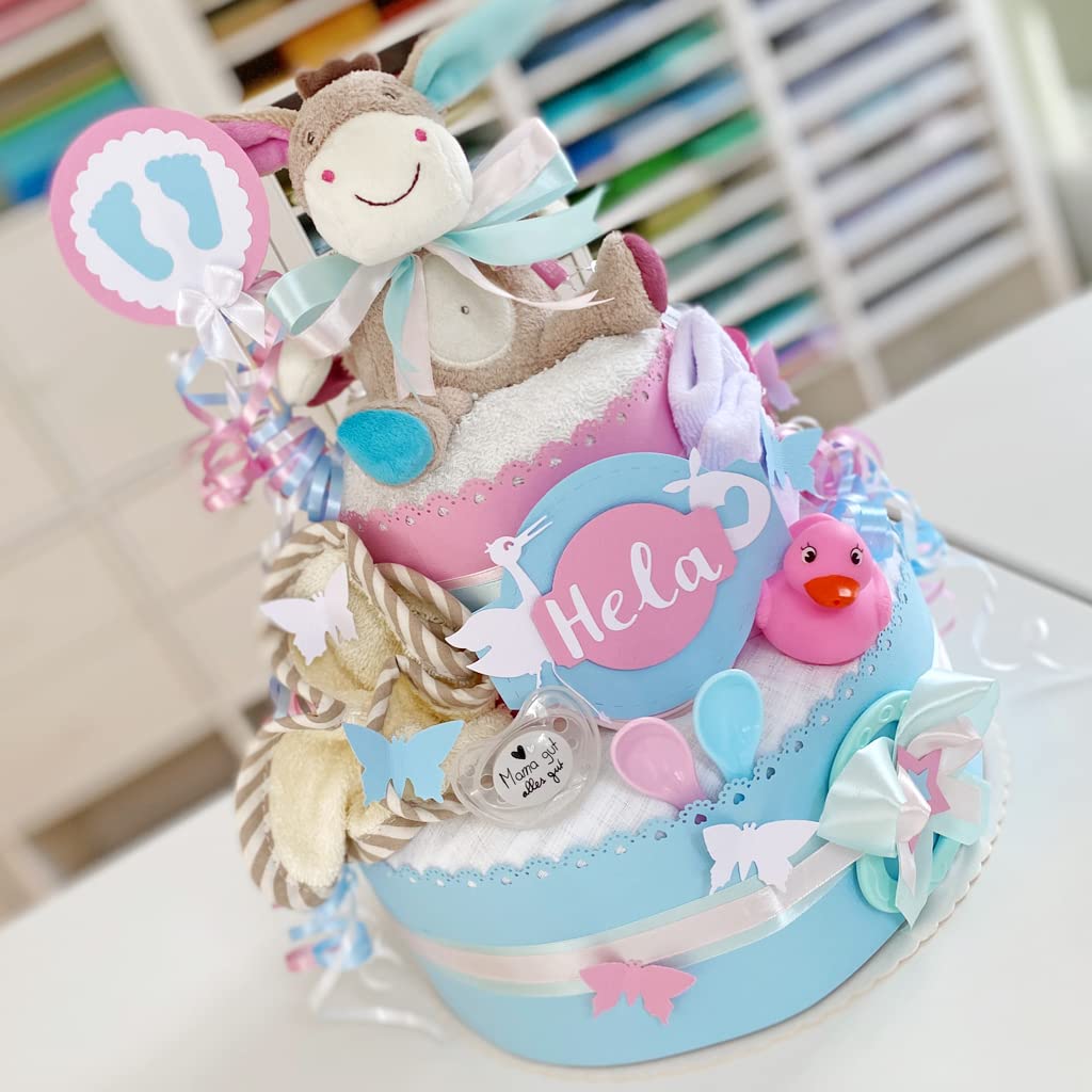 Gâteau de couches neutre 2 étages bleu-rose XL Cadeau de naissance