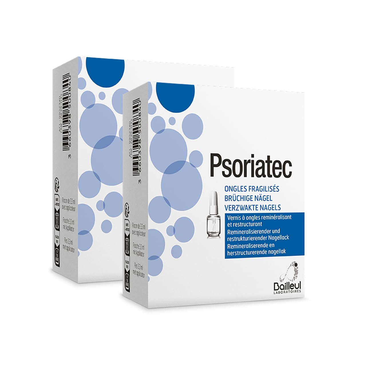 Bailleul Laboratoires Psoriatec - Esmalte de uñas para uñas debilitadas, reestructurado y remineralizado, protege y fortalece las uñas, soluble en agua, elimina con agua, 2 botellas de 3,3 ml
